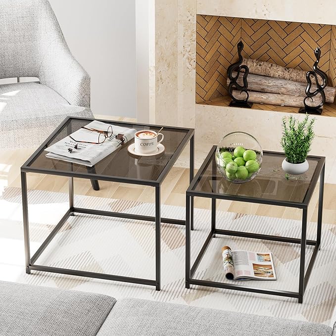 Garden 4 you Coffee Table Set of 2, Modern Glass Nesting Table, Metal Frame Square Center Table Set, Side Tables, Nesting Coffee Table for Living Room, Bedroom and Small Spaces, 23.6in Grey