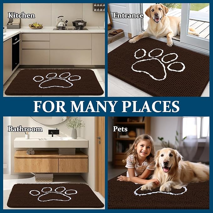 OLANLY Door Mat for Muddy Dog Paws 48x30, Ultra Absorbent Chenille Mud Doormat with Paw Print Design, Non-Slip Washable Doormat for Indoor Entryway, Quick-Dry Pet Bed Mats for Dirty Dogs, Brown