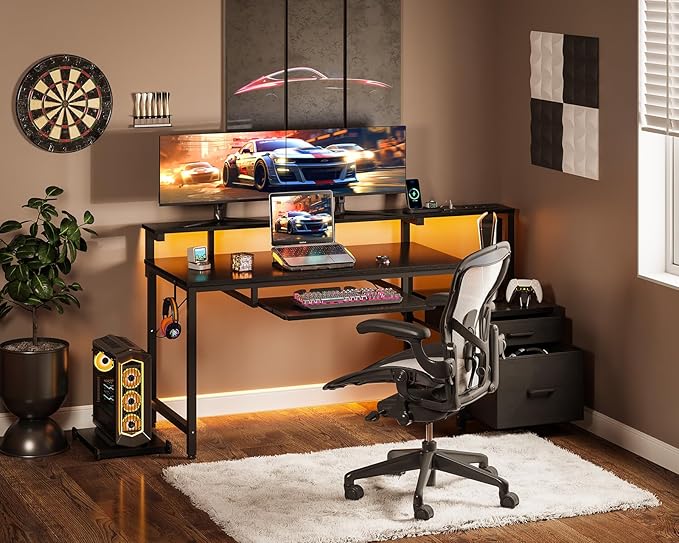 AODK Computer Desk with Drawers and Keyboard Tray, 55" Office Desk with Power Outlet and LED Lights, Reversible Study Work Desk with Printer Shelf and PC Stand for Home Office, Black