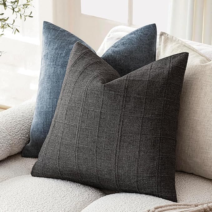 Foindtower Set of 2 Decorative Linen Check Throw Pillow Covers Neutral Farmhouse Vintage Cushion Covers Modern Boho Home Decor for Sofa Chair Couch Bedroom Living Room Outdoor,20×20 Inch,Charcoal