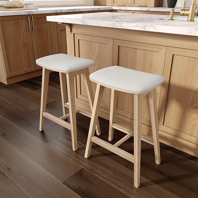 Plank+Beam Beryl Counter Height Stool - Mid-Century Modern Rubberwood Bar Stool with Faux Leather Seat, Metal Footrest, Easy Assembly, 4-Pack, Blonde/Sesame