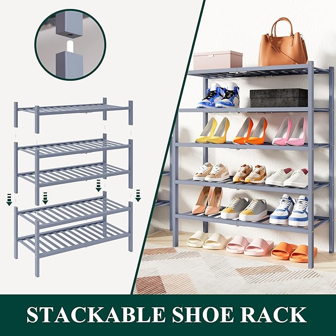 Smiry Shoe Rack, 4 Tier Thick Bamboo Shoe Organizer, Stackable Free Standing Wooden Shoe Storage Shelf for Closet, Entryway, Front Door Entrance, Grey