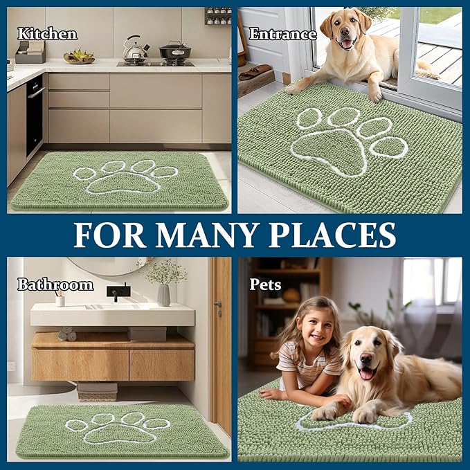 OLANLY Door Mat for Muddy Dog Paws 30x20, Ultra Absorbent Chenille Mud Doormat with Paw Print Design, Non-Slip Washable Doormat for Indoor Entryway, Quick-Dry Pet Bed Mats for Dirty Dogs, Sage Green