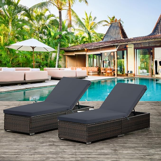 Chaise Lounge Cushions Outdoor Set of 2 - Waterproof and Fade Resistant Sun Lounger Replacement Cushions - Patio Lounger Pads with Removable Cover for Pool, Deck, 80 x 26 x 3 Inch, Dark Grey
