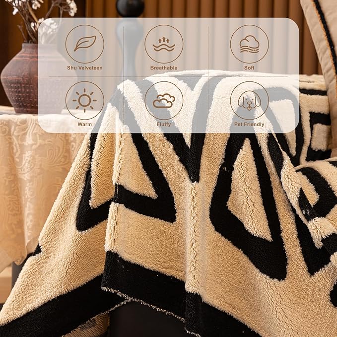 HANDONTIME Boho Sofa Covers for Dogs Black and White Sofa Covers for 3 Cushion Couch Sofa Beige Shu Velveteen Couch Covers for Sectional l Shaped Short Plush Furniture Covers, 71" X118"