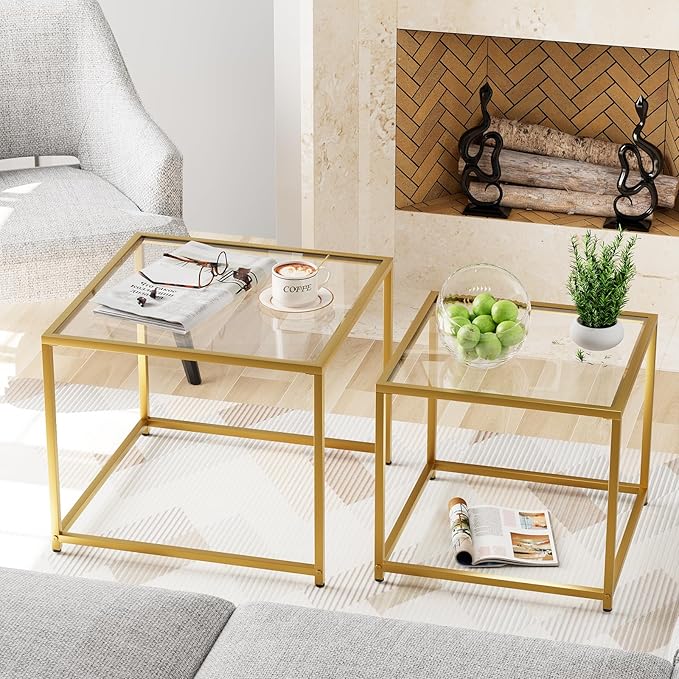 Garden 4 you Coffee Table Set of 2, Modern Glass Nesting Table, Metal Frame Square Center Table Set, Side Tables, Nesting Coffee Table for Living Room, Bedroom and Small Spaces, 23.6in Gold