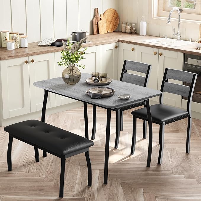 Dining Table Set for 4, Wooden Kitchen Table with Upholstered Bench & 2 Cushion Chairs, Space-Saving Dinette Set for Studio, Kitchen, Dining Room, Apartment(43''x28''x30''), Gray