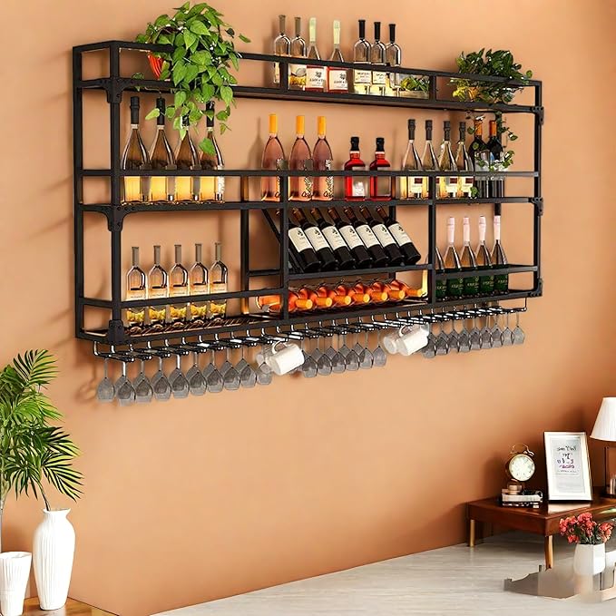 Metal Wall-Mounted Wine Rack with LED Light - 3 Tier Wine Storage Display Rack with Glass Holder - Space-Saving Bottle Display Shelf for Home Bars, Dining Rooms(Black, 31in/80cm)