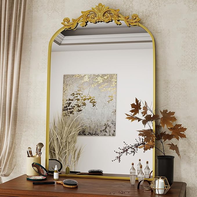 Vintage Arched Bathroom Mirror, 24x36 Inch Retro Wall Mounted Vanity Mirror with Carved Pattern Top and Metal Frame, Gold Decorative Mirror for Hanging or Leaning
