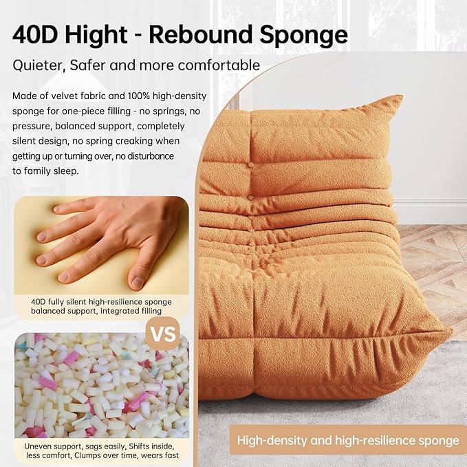 Bean Bag Chairs for Adults, BeanBag Reading Chair Memory Foam Couch, Floor Chair Soft Teddy Material, Comfy Reading Nook Chairs for Bedroom Living Room Office (Orange)