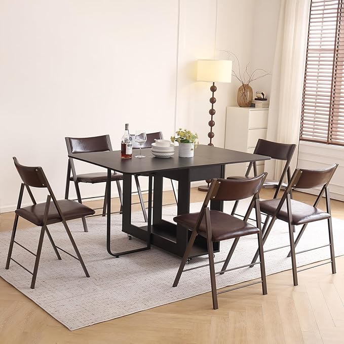 Folding table and chair set, dining table with extra large storage space and 4 universal wheels, matched with padded steel frame folding chairs, space-saving dining table and 4 chairs (Brown)