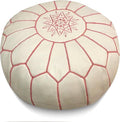 Stuffed Round Design Moroccan Leather Pouf Ottoman, Handmade, Pre-Filled, 100% Genuine Leather, 13” Height x 20” Diameter, Footstool & Living Room Décor (White with Pink Stitches)