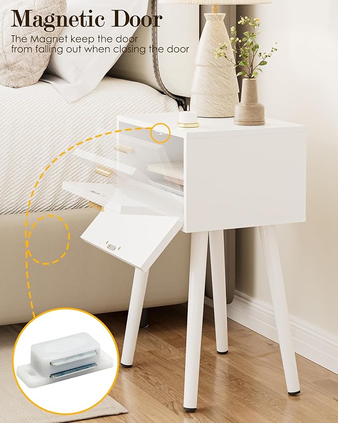 Night Stand Set 2, White Nightstand with Fluted Doors, Small Modern Mid-Century Bedside Table for Bedroom, End Table for Living Room