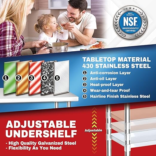 DuraSteel Food Prep Stainless Steel Table - 24 x 48 Inch Commercial Metal Workbench with Adjustable Under Shelf - NSF Certified - for Restaurant, Warehouse, Home, Kitchen, Garage