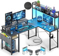 Small L Shaped Desk Gaming Desk with Power Outlets, 48" Reversible L Shaped LED Computer Desk with Monitor Stand & Storage Shelf, Corner Gamer Desk Home Office Desk with Storage Bag, Black
