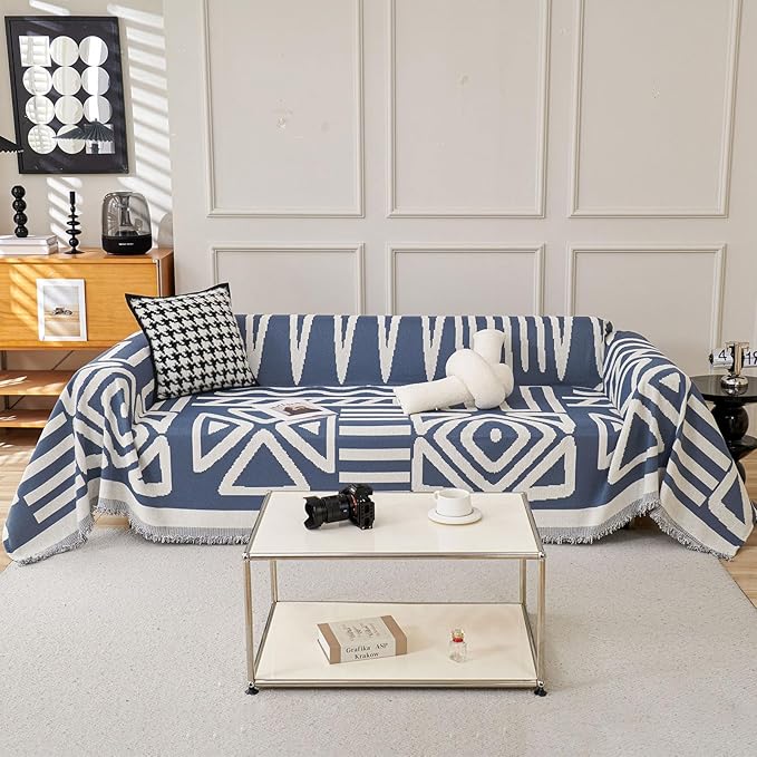 STACYPIK Boho Chenille Blue Sofa Cover L Shaped Couch Cover Reversible Couch Cover for 3 Cushion Couch Non-Silp Furniture Cover for Dogs Cats Sectional Sofa Cover for Loveseat Futon Cover-91X134IN