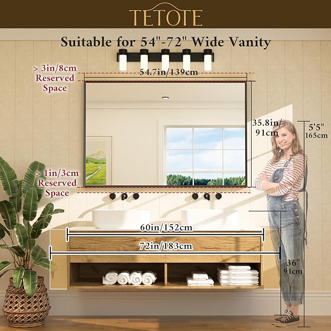 TETOTE Brushed Gold Bathroom Mirror for Over Sink 55" x 36" Large Brass Gold Beveled Framed Rectangular Vanity Mirror for Bathroom, Bedroom, Entryway, Living Room, Tempered Glass, Stronger Frame