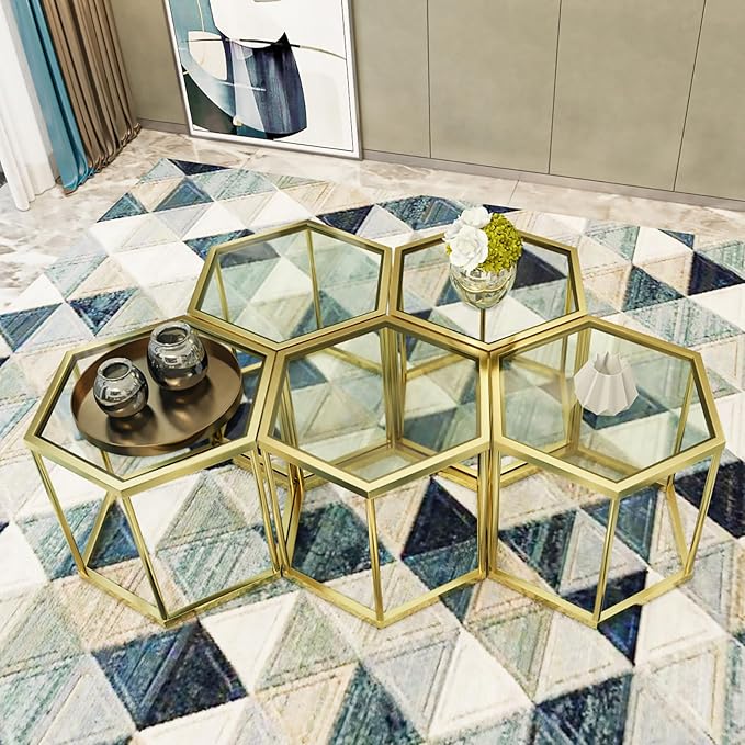 Gold Coffee Table Glass Modern Coffee Table, Hexagon Free Combination Glass Center Table Small End Tables with Metal Frame for Living Room Set of 1