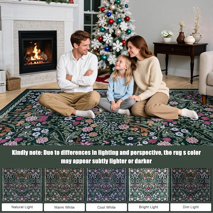 Area Rugs 9x12 Living Room: Floral Washable Rug Vintage Large Soft Boho Non-Slip Carpet Indoor Floor Stain Resistant Low Pile Carpets for Bedroom Dining Room Farmhouse Nursery Home Office Dark Green