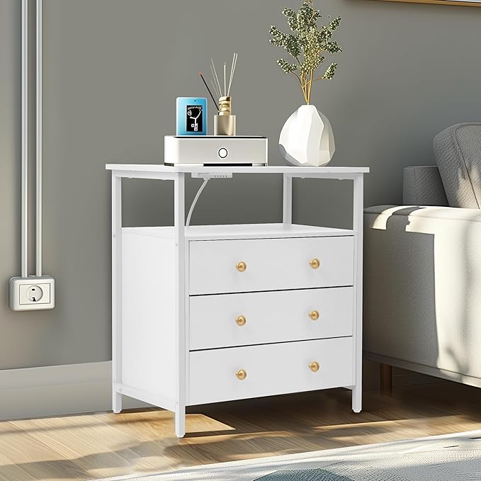 3 Wooden Drawers Nightstand, 27 Inch Wide Night Stand Set 2 with Charging Station and Adjustable Drawers, Bedside Table for Living Room/Bedroom/Office, White.