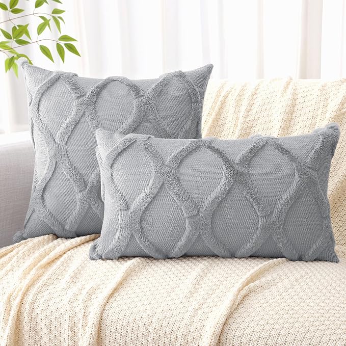 decorUhome Throw Pillow Covers 12x20 Inch Set of 2, Soft Plush Faux Fur Wool Lumbar Grey Couch Pillow Covers, Decorative Neutral Pillow Cases for Bed Sofa Living Room Home Decor