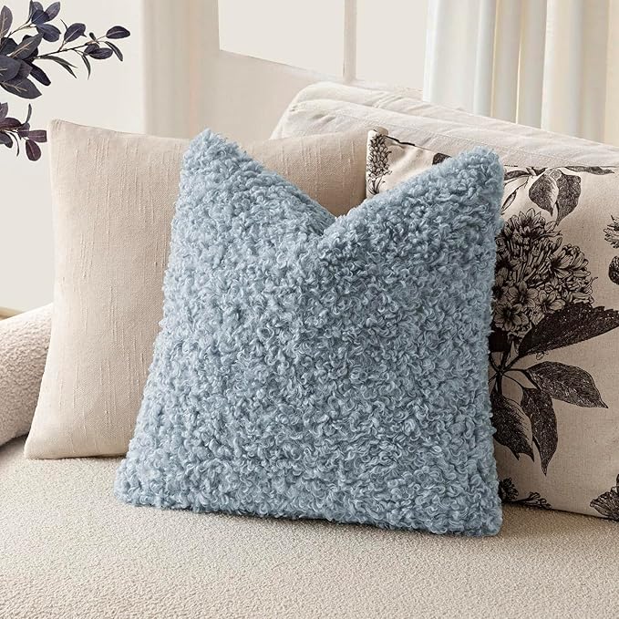 Foindtower 2 Pieces 26x26 Inch Misty Blue,Faux Fur Throw Pillow Cover Accent Sherpa Furry Pillow Covers Fuzzy Soft Pillowcases Cozy Sheepskin Decorative Fleece Cushion Case for Bed Couch Living Room