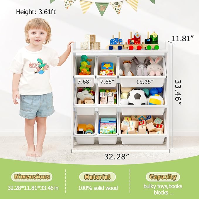 MallBest 4-Tier Kids' Toy Storage Organizer Shelf - 100% Solid Wood,Children's Storage Cabinet with 9 Plastic Bins