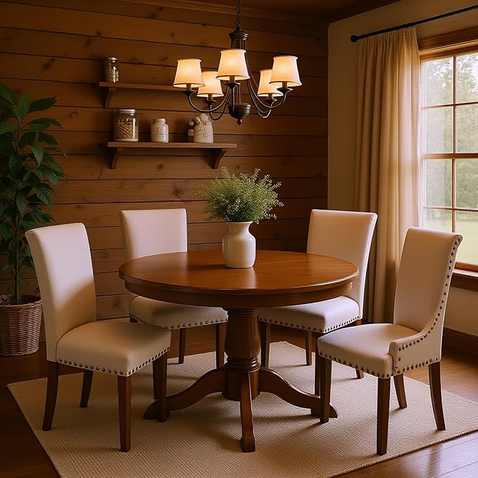 Set of 6 Beige Upholstered Dining Chairs – Farmhouse Kitchen Chairs with High Back, Solid Rubberwood Legs, Padded Foam Seat & Bronze Nailhead Trim, Comfortable Dining Room Chairs for Home