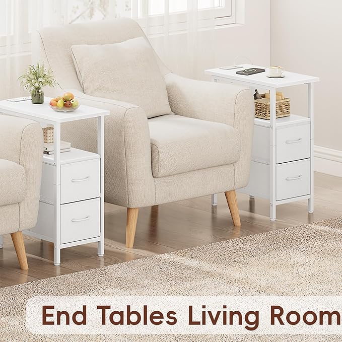 Vagusicc Set of 2 White Nightstand with Charging Station and LED Lights, Narrow Side Table, LED Night Stand with 2 Fabric Drawers, Bedside Table Small End Table, Tall Nightstand for Bedroom, White