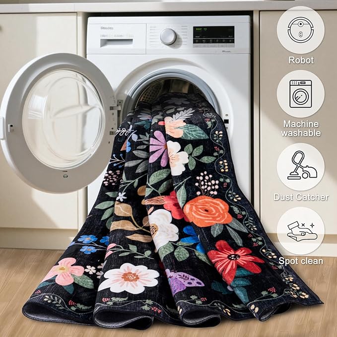 Runner Rug for Entryway: 2.6x8 Kitchen Rugs Non Slip Washable Ultra-Thin Soft Floral Carpet Indoor Floor Stain Resistant Carpets for Hallway Bedroom Kitchen Laundry Bathroom Dorm Black