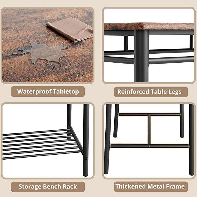 IRONCK Dining Table Set for 4, Kitchen Table with Upholstered Bench and 2 Chairs, Kitchen Table and Chairs Set for Small Space, Apartment, Rustic Brown