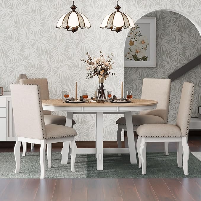 Merax 5-Piece Farmhouse Dining Furniture Set, Wooden Round Extendable Table, and 4 Upholstered Chairs, Antique White