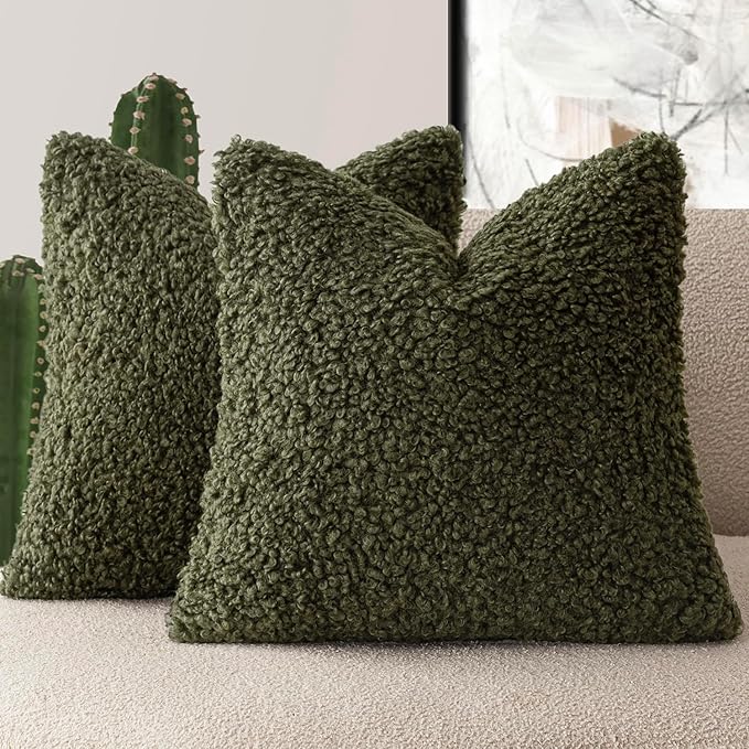 Foindtower 2 Pieces 26x26 Inch Olive Green, Faux Fur Throw Pillow Cover Accent Sherpa Furry Pillow Covers Fuzzy Soft Pillowcases Cozy Sheepskin Decorative Fleece Cushion Case for Bed Couch Living Room