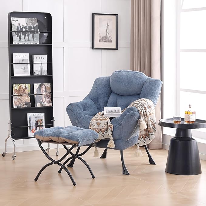LITA Lazy Chair with Ottoman, Modern Accent Leisure Upholstered Sofa Chair, Lounge Reading Chair with Armrests and a Side Pocket for Living Room, Bedroom & Small Space, Plush Light Blue