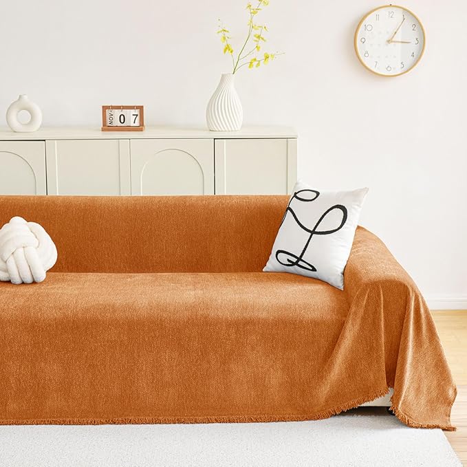 hyha Couch Cover for Dogs, Boho Sofa Covers for 3 Cushion Couch Washable, Chenille Sofa Slipcover for Pets, Soft Loveseat Sectional Couch Throw Blankets with Tassels (Orange, 88.5x150 Inch)