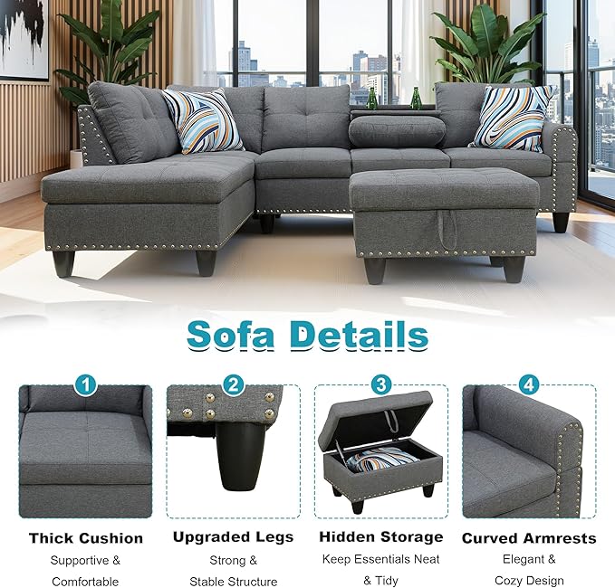 97.5" Oversized Sectional Couch, L Shaped Couch with Storage Ottoman, Modern Modular Sofa with Deep Seat, Sectional Couches for Living Room and Office, Grey (Linen)