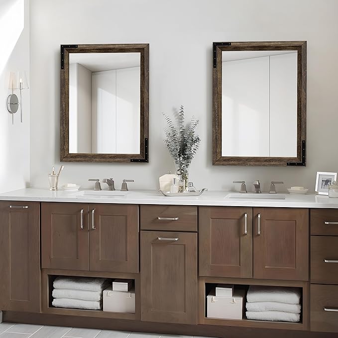YOSHOOT Farmhouse Bathroom Mirror, Rustic Wooden Framed Mirror, Wood Vanity Mirror, Solid Wood & Handmade, Vertical or Horizontal Hanging for Bathroom Entryway Living Room Bedroom, 40" x 26", Brown