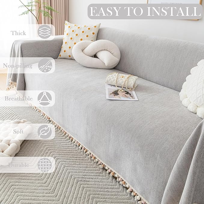 HANDONTIME Grey Sofa Cover for 3 Seat Couch - Dog Resistant, Light Grey, 91" X134", Tassel Chenille Herringbone