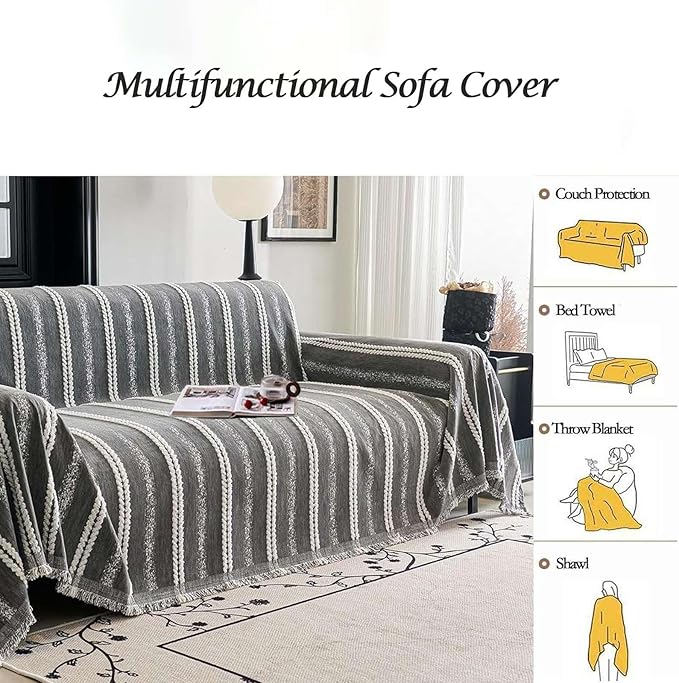 Couch Cover for Dogs Washable Sofa Cover, Sectional Couch Covers, Sofa Covers for 2 Cushion Couch, Non Slip Stripe Sofa Slipcovers Furniture Protector, Couch Protector from Cat Claws, Grey,71''x118''