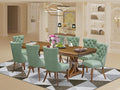 NEDA9-AWA-22 9-Piece Modern Dining Table Set Consists of a Kitchen Table and 8 Willow Green Polyester Dining Chairs with Button Tufted Back, 44x100 Inch, Antique Walnut
