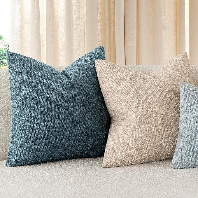 Foindtower Set of 2, Decorative Textured Boucle Throw Pillow Covers Accent Solid Pillow Cases Neutral Cozy Couch Cushion Case for Chair Sofa Bedroom Living Room Home Decor 26x26 Inch Misty Blue