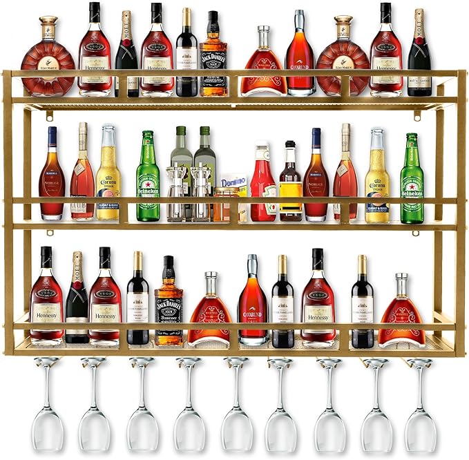 Metal Wine Rack Wall Mounted, Bar Shelves for Liquor Bottles with LED Light, 3 Tier Large Capacity Liquor Rack Wall Mounted with Glass Holder for Home Bar & Dining Room （Gold, 31in/80cm）