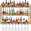 Metal Wine Rack Wall Mounted, Bar Shelves for Liquor Bottles with LED Light, 3 Tier Large Capacity Liquor Rack Wall Mounted with Glass Holder for Home Bar & Dining Room （Gold, 31in/80cm）