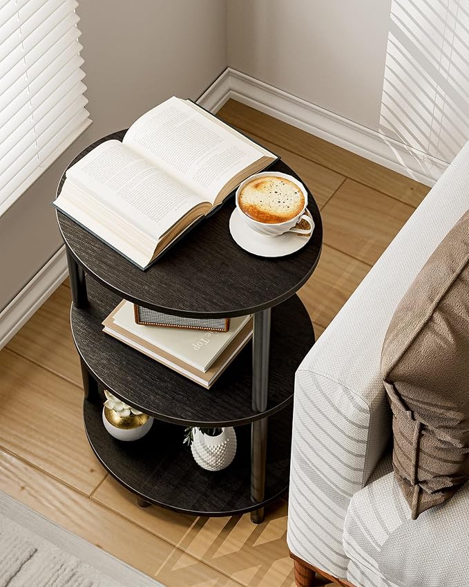 Small Round Side Table - 3-Tier Oval Accent Table for Small Spaces, Rustic Wood and Metal Couch End Table, Nightstand for Bedroom or End Table Living Room, Easy to Assemble, Charcoal Wenge