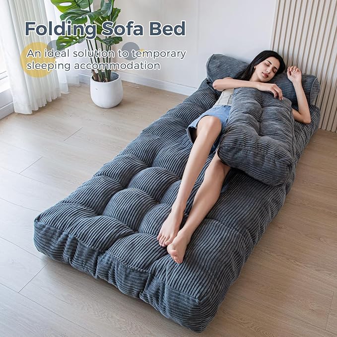 MAXYOYO Folding Sofa Bed, Convertible Sleeper Chair with Pillow Foldable Mattress with Back Support, Portable Fold Out Chair Bed Comfy Floor Sofa Lounge for Living Room Bedroom, Dark Grey, Single