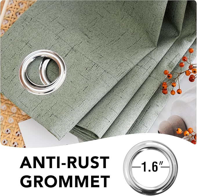 H.VERSAILTEX Bedroom Curtains Blackout Linen Blackout Curtains 84 Inches Long, 100% Blackout Thermal Textured Linen Look Curtain Draperies Grommet with White Liner, 2 Panels, Green Bay