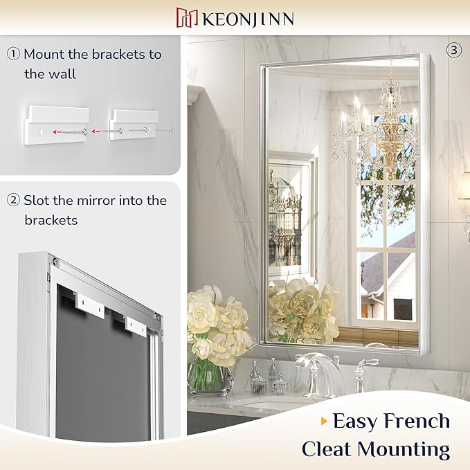 Keonjinn Silver Bathroom Mirror 60” x 40” Large Wall Rectangle Mirror for Bathroom Square Corner Metal Framed Farmhouse Mirror Decorative Rectangular Vanity Mirror for Over Sink(Horizontal/Vertical)