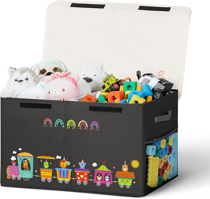 80L Large Toy Storage Box with Lid, Large Toy Box Chest Kids, Girls and Boys, Nursery Room and Living Room, 26"x13" x16" (black-train)