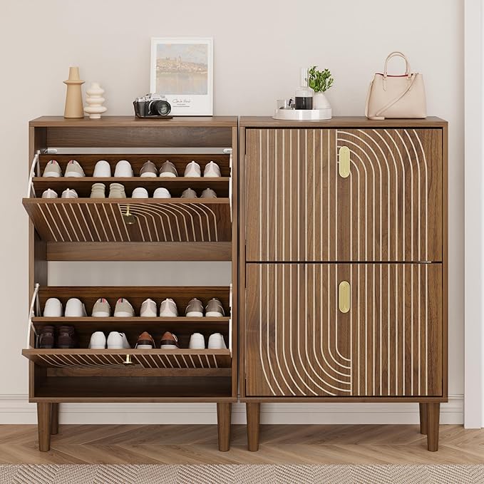 Smuxee Shoe Cabinet with 2 Flip Drawers, 23.6" Walnut Hidden Shoe Storage Cabinet with Line Groove Design, Freestanding Shoe Organizer Cabinet for Entryway, Hallway, Living Room