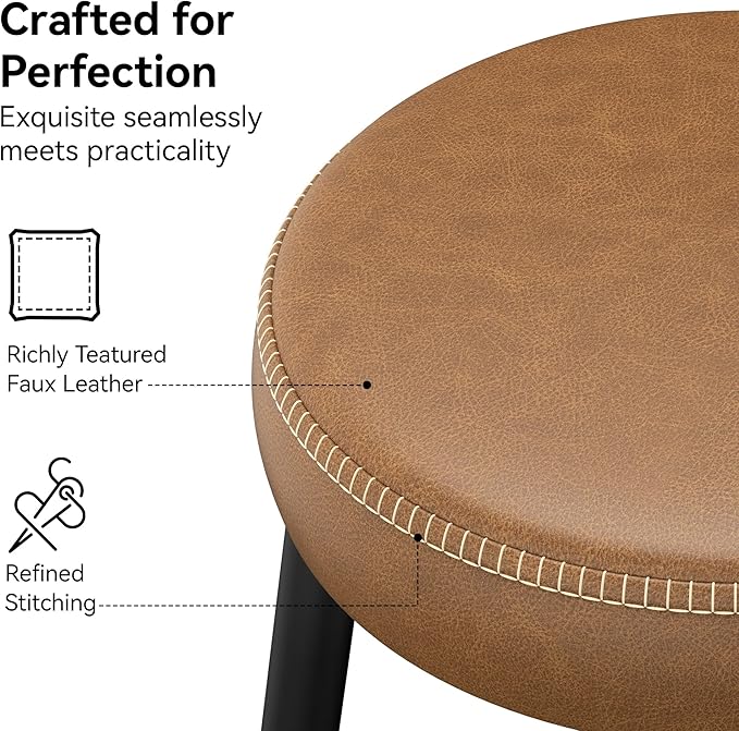 Counter Height Bar Stools, 26" H Backless Bar Stools Set of 2, Upholstered Faux Leather Kitchen Counter Stools, Mid Century Modern, Kitchen Island Home Bar, Pub, Caramel Brown
